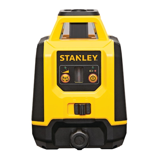 Front angle of STANLEY yellow and black rotary laser level with control panel and brand logo