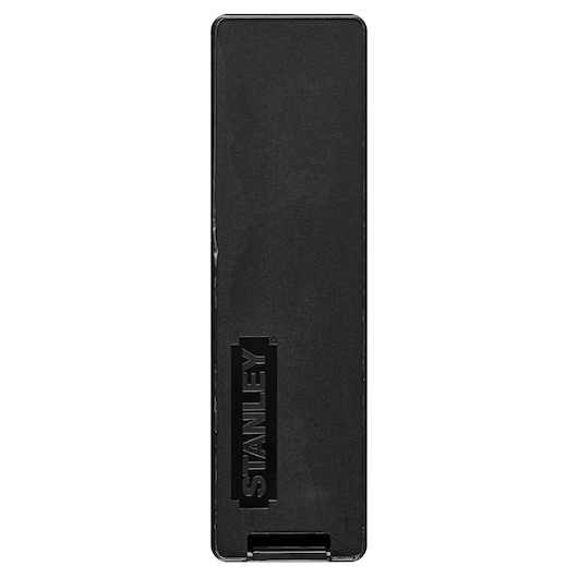 Photo of STANLEY STHT8-11818 black rectangular blade case, front view, photography product.