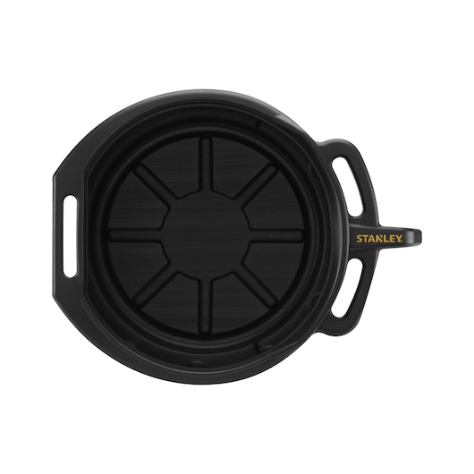 STANLEY STHT80878-1 black round oil drain pan with handles, top view, photography on white background.