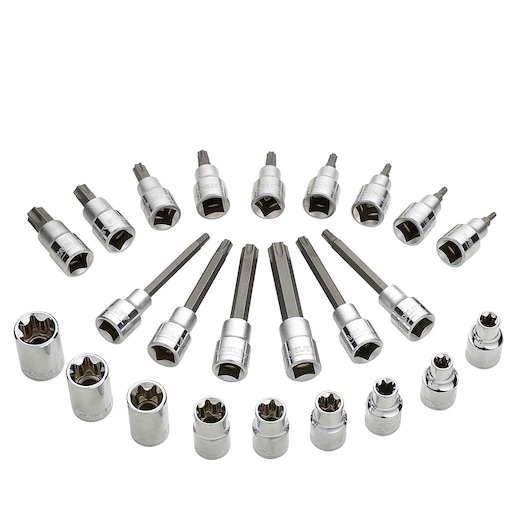 STANLEY STMT1-74176 socket and bit set, silver, photography, top angle, multiple sizes arranged in arc.