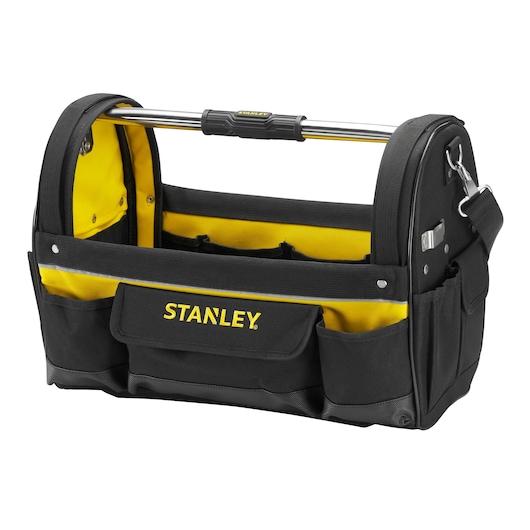 Stanley open tool bag with yellow interior, black exterior, side pockets, and metal handle.