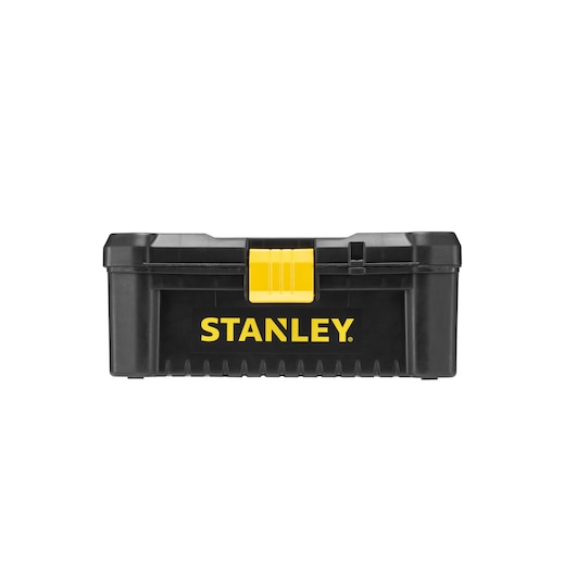 Photo of STANLEY STST1-75514 black toolbox with yellow latch, front view, white background.