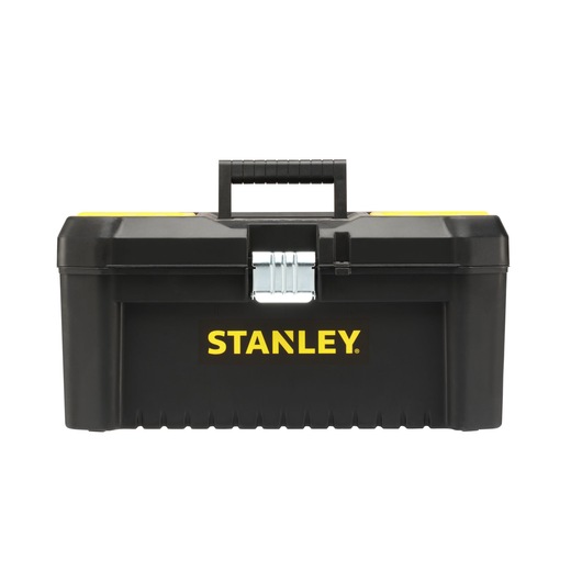 STANLEY STST1-75518-KR black toolbox with yellow logo, front angle, metal latch, photography.