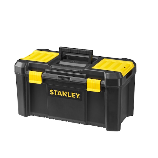 Stanley STST1-75520 black and yellow tool box front angle, sturdy plastic construction with handle.