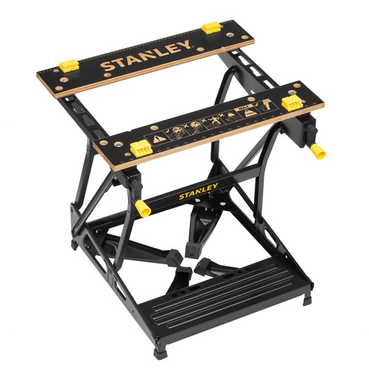 STANLEY STST83400-1 adjustable black and yellow workbench, top angle, photography.
