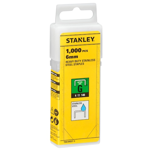STANLEY TRA704SST-0 heavy duty stainless steel staples, 6mm, 1000 pieces, photo of front angled packaging.