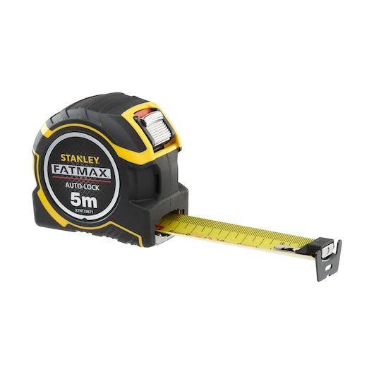 STANLEY XTHT0-33671 FATMAX 5m auto-lock tape measure, black and yellow, side angle on white background.